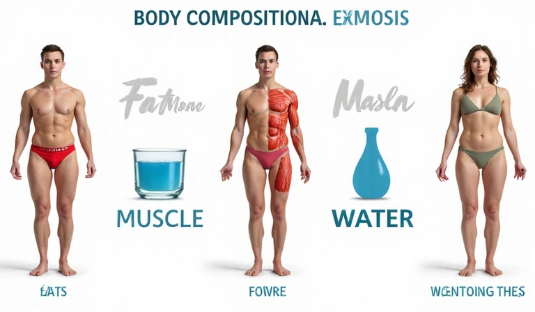 Stylizowana grafika analizy składu ciała, pokazująca różne komponenty ciała