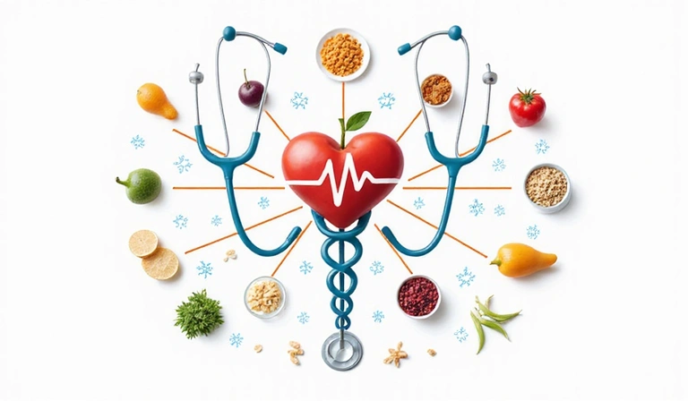 Symbole medyczne połączone ze zdrową żywnością, reprezentujące wsparcie dietetyczne dla schorzeń
