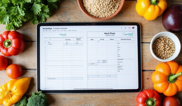 Szczegółowy plan posiłków na tablecie z otaczającymi go zdrowymi składnikami